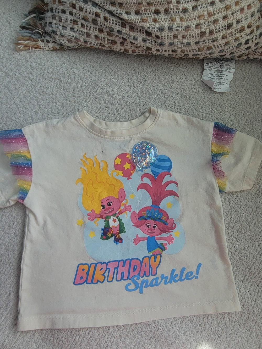 Trolls Birthday Sparkle! Kids Graphic Tee - Cream with Rainbow Sleeves
